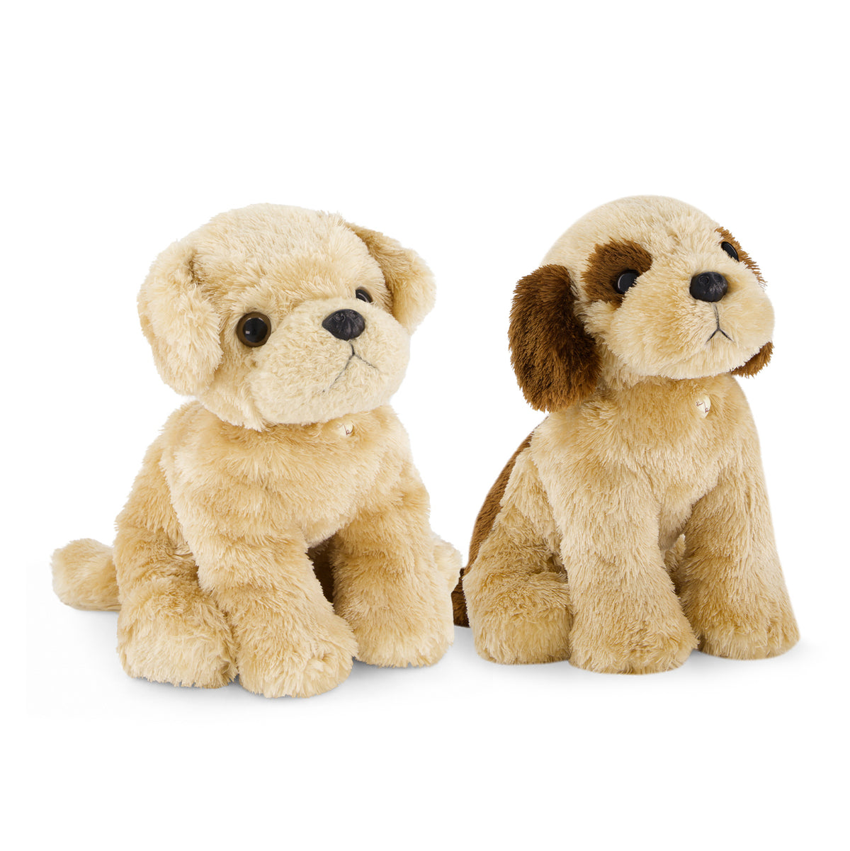 Two plush puppy toys side by side on a white background. One is a light cream/beige color, and the other is a tan and brown color.