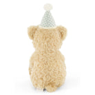 Beige plush teddy bear by Snuggle Bunnies wearing green gingham party hat with white pom-pom, back view
