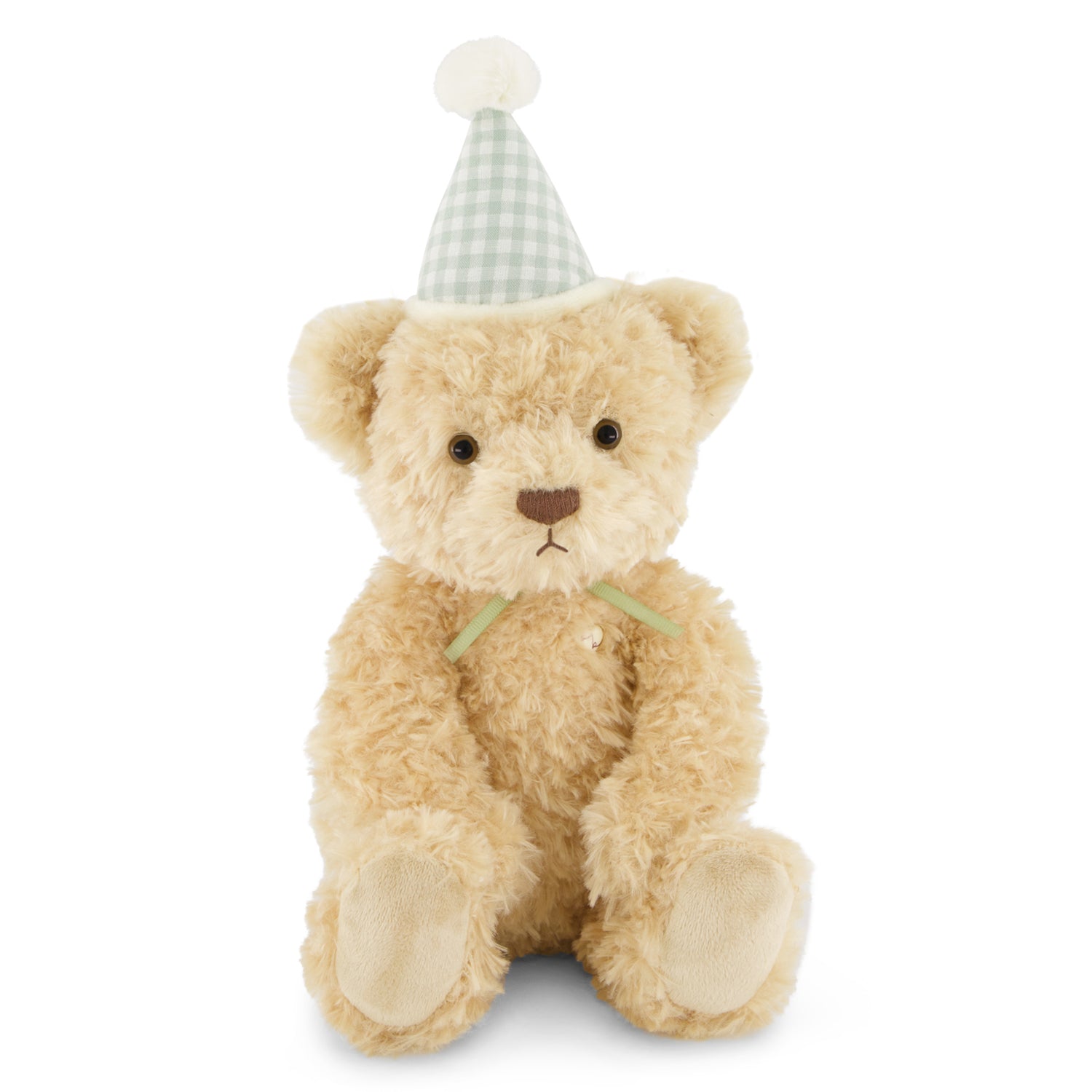 Cream plush teddy bear with green gingham party hat and matching bow, sitting front view, 14 inches tall