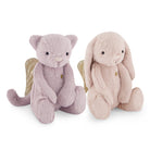 Two plush stuffed animals on a white background: a lavender cat with small gold wings and a pale pink bunny with small gold wings.