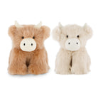 Two plush highland cow toys side by side on a white background, one in light brown and one in cream.