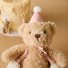 Soft beige plush teddy bear with pink party hat and ribbon, held in hands, birthday cake in background