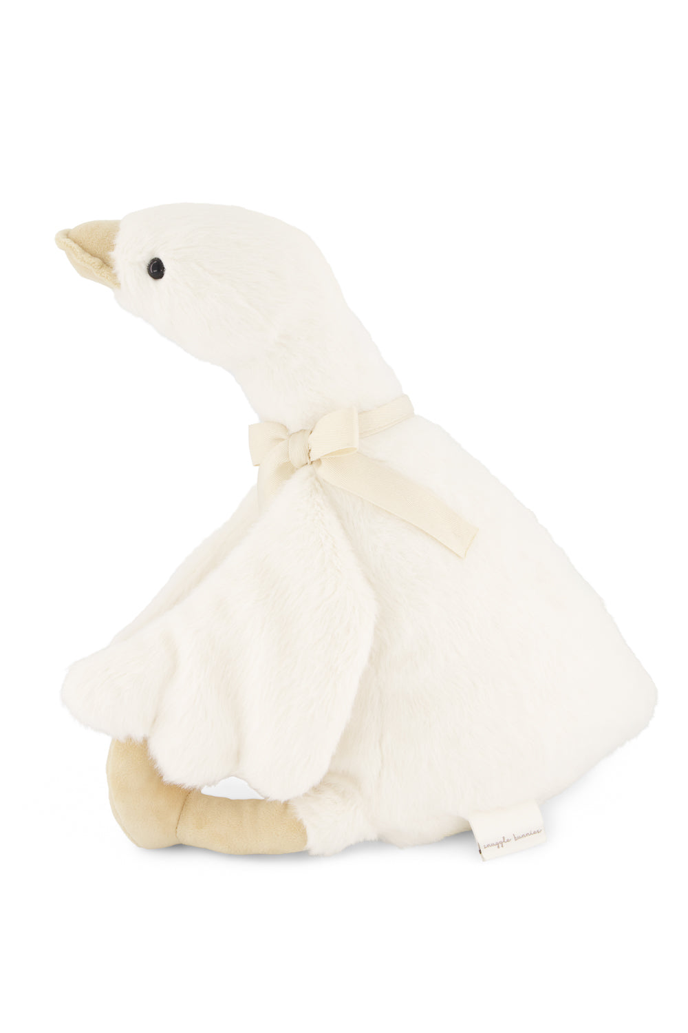 Plush swan toy with a bow on a white background