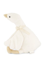 Plush swan toy with a bow on a white background