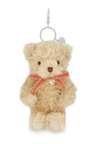 Small teddy bear keychain with a red ribbon on a white background