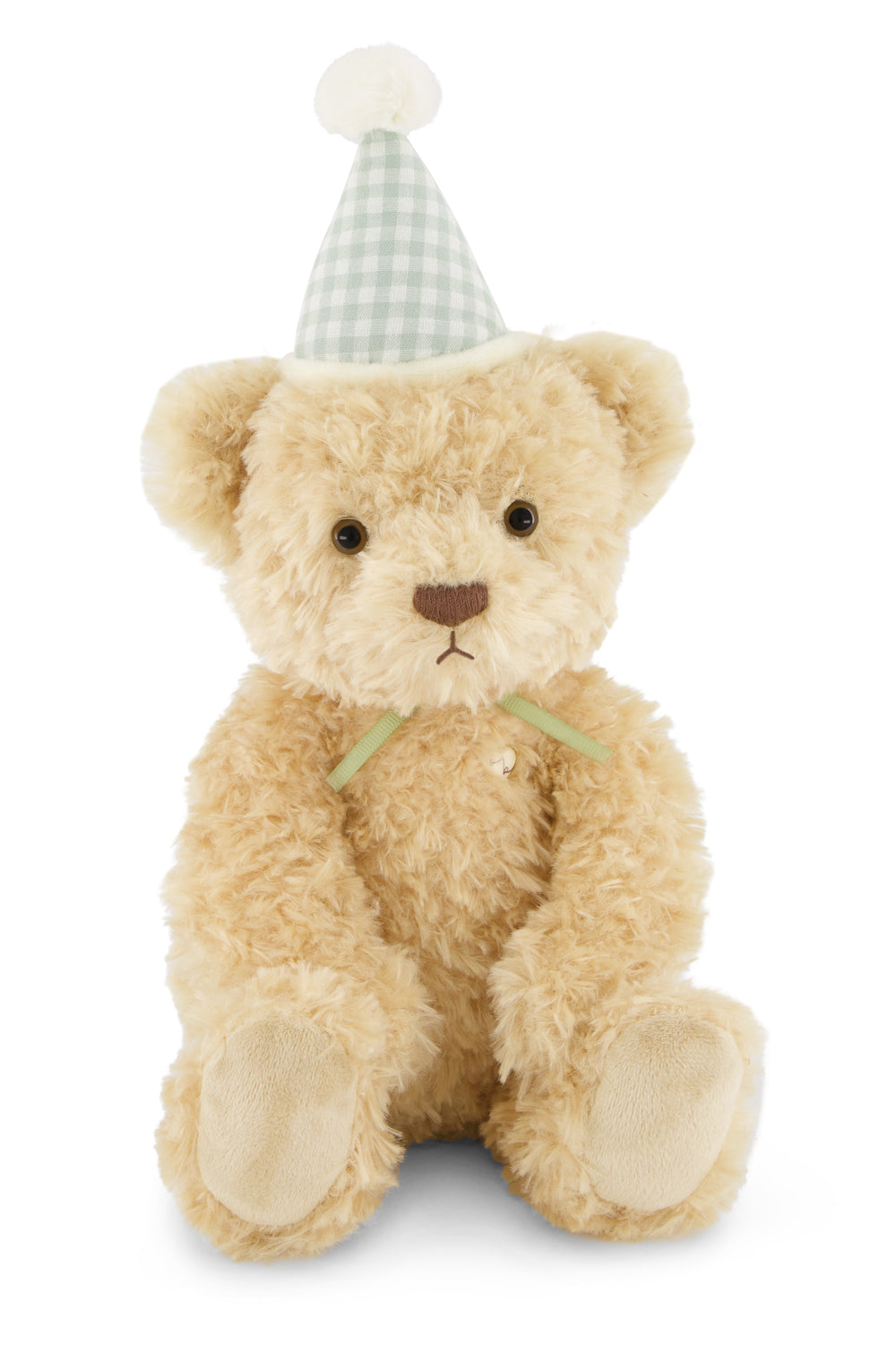 Plush teddy bear wearing a checkered hat on a white background