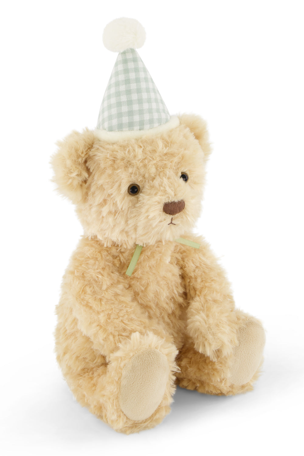 Teddy bear wearing a checkered party hat on a white background