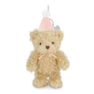 Cream plush teddy bear keychain with pink party hat and bow, by Snuggle Bunnies, front view, 6 inches tall