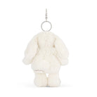 A back view of a cream-colored, plush bunny keychain with a silver ring and clip.