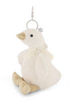 White plush duck toy with a keyring on a white background