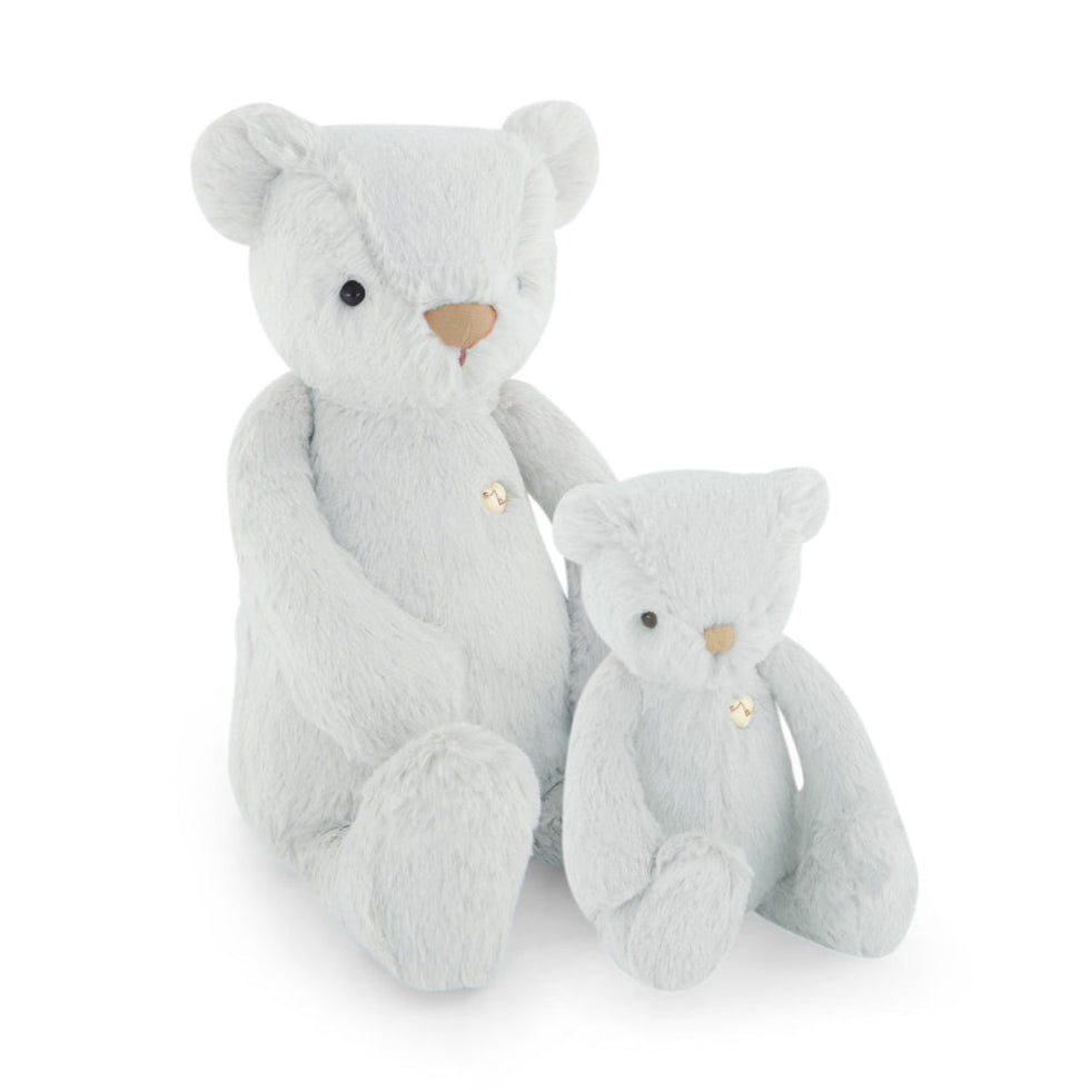 Two light blue stuffed teddy bears sitting next to each other.