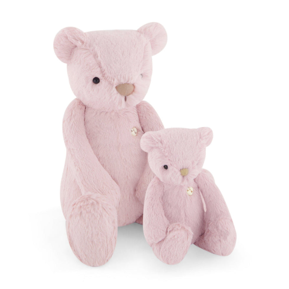 Two pink teddy bears on a white background