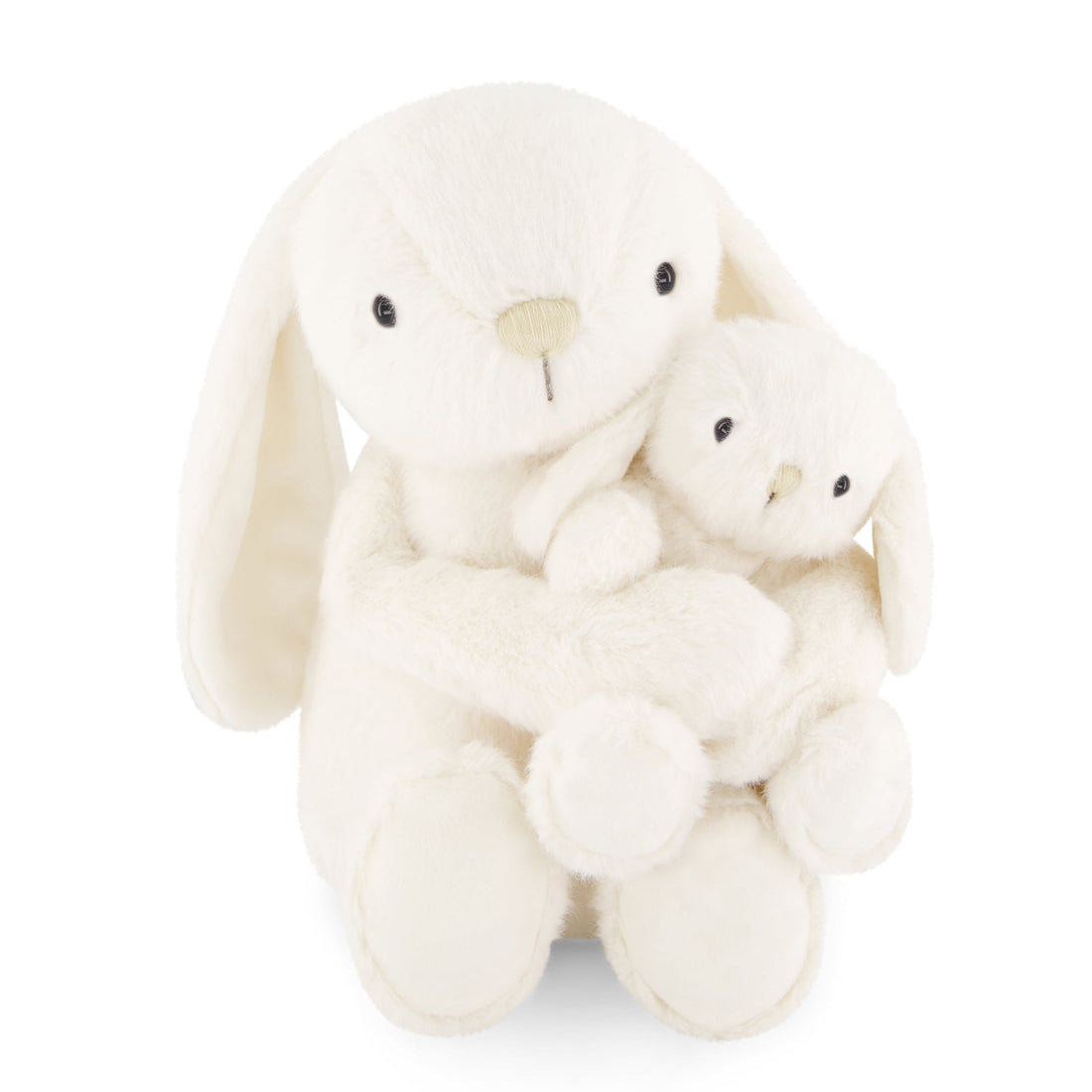 Two cream-colored bunny plush toys sitting on a white background