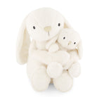 Two cream-colored bunny plush toys sitting on a white background