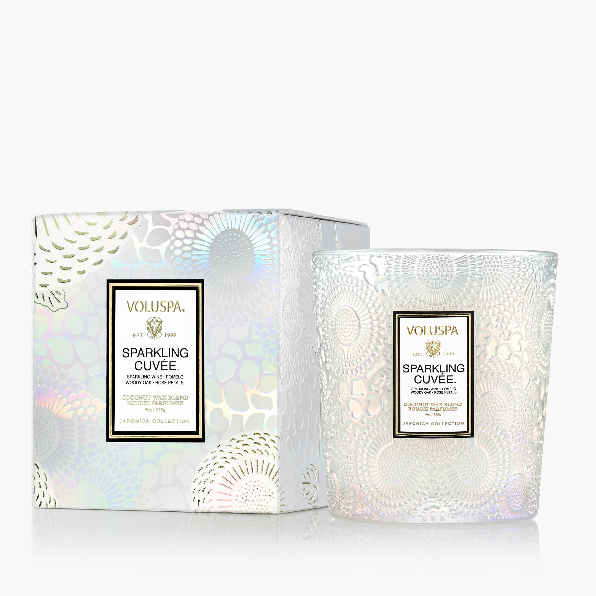 Voluspa 'Sparkling Cuvee' candle and packaging on a white background