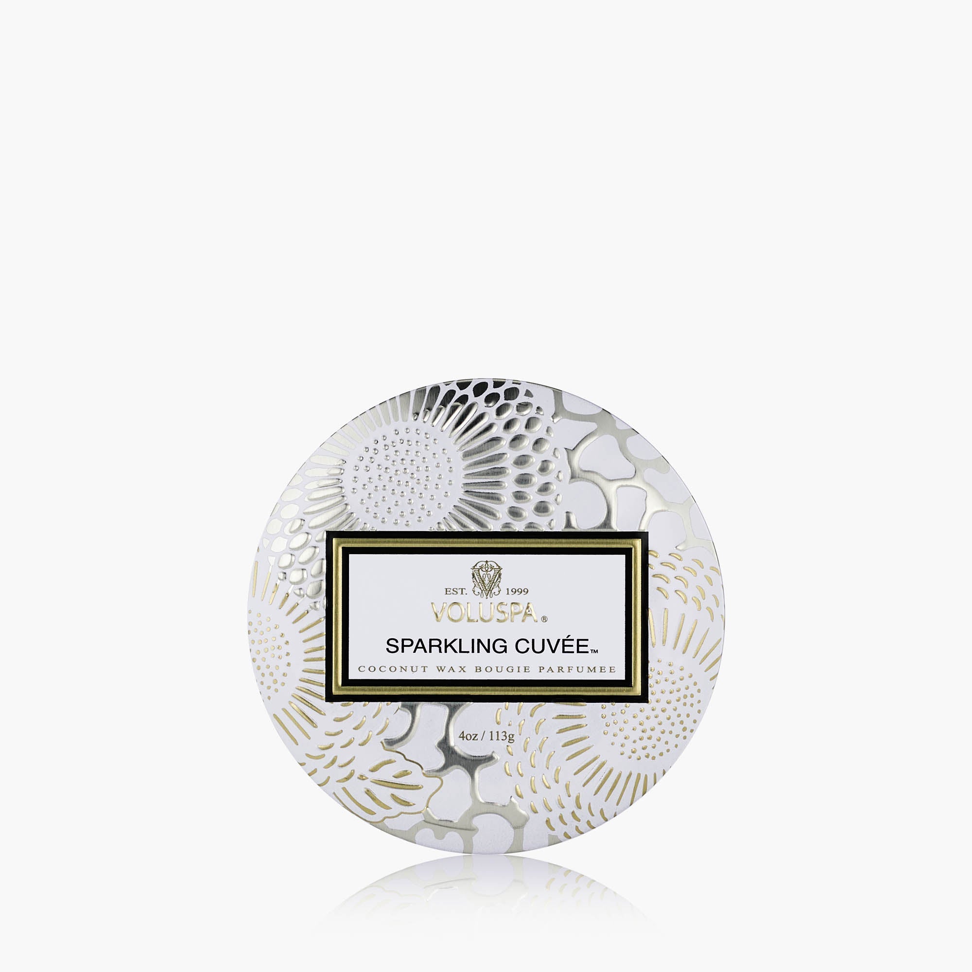 Round container labeled 'Sparkling Cuveé' with decorative design on a white background
