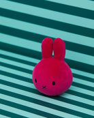 Pink plush toy with bunny ears on a striped green and blue background