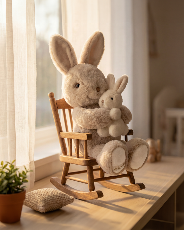 Plush rabbit toy sitting on a wooden rocking chair in a softly lit room.