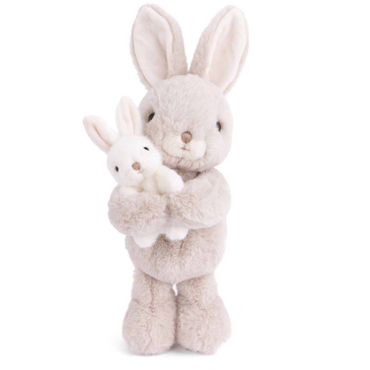 Two plush bunnies, one larger and holding a smaller one, on a white background