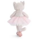 Plush toy cat in a pink tutu and ballet shoes on a white background