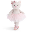 Plush toy cat in a ballerina outfit with a pink bow on a white background