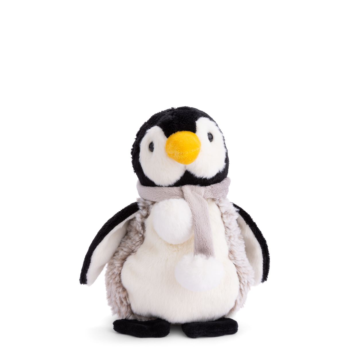 Plush penguin toy with a yellow beak on a white background