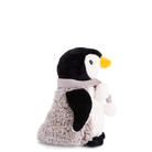Plush penguin toy with a gray scarf on a white background