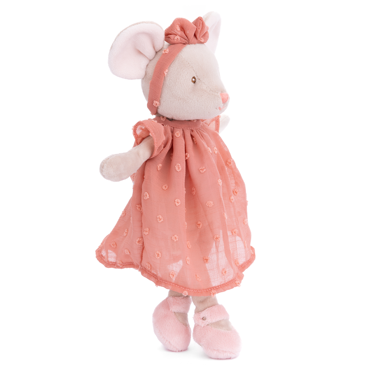 Plush toy mouse in a pink dress on a white background