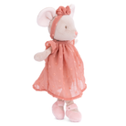 Plush toy mouse in a pink dress on a white background