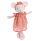 Plush toy mouse in a pink dress on a white background
