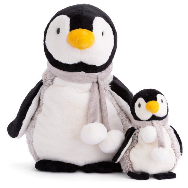 Two plush penguins with scarves on a white background
