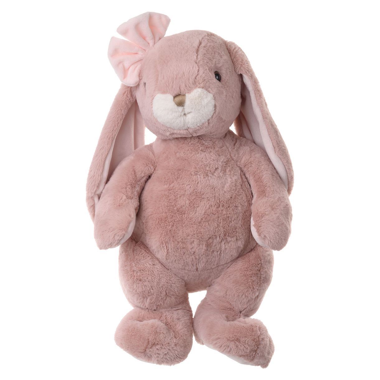 Pink plush bunny toy with a bow on a white background