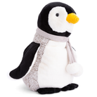 Plush penguin toy with a gray scarf on a white background