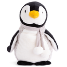 Plush penguin toy with a gray scarf on a white background