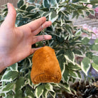 Close-up of a hand holding a furry, brown, bean-shaped keychain with a silver keyring and chain against a leafy background.
