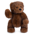 A brown plush teddy bear with soft fur, black bead eyes, and a black nose, standing on a white background with one paw raised.