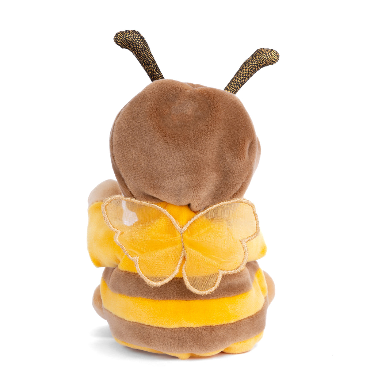 Plush toy bee with brown body and yellow wings on a white background