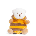 Plush toy bear in a bee costume on a white background