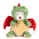 Plush toy resembling a dragon with a white face and red accents on a white background