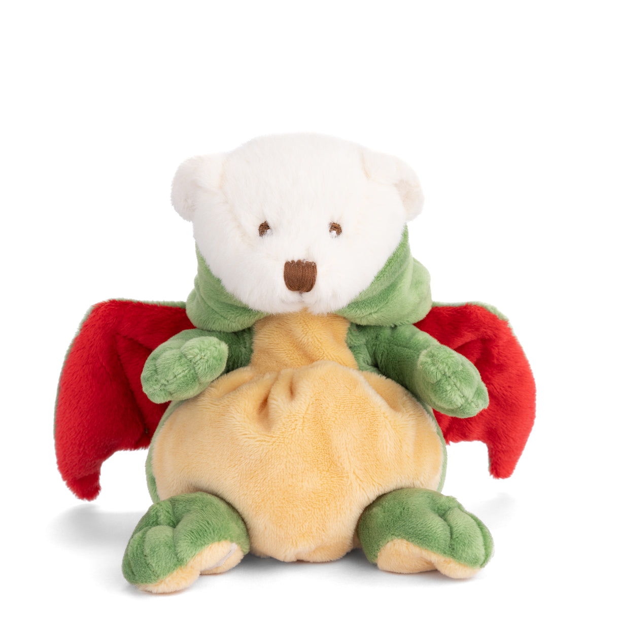 Plush toy bear with dragon wings and tail on a white background