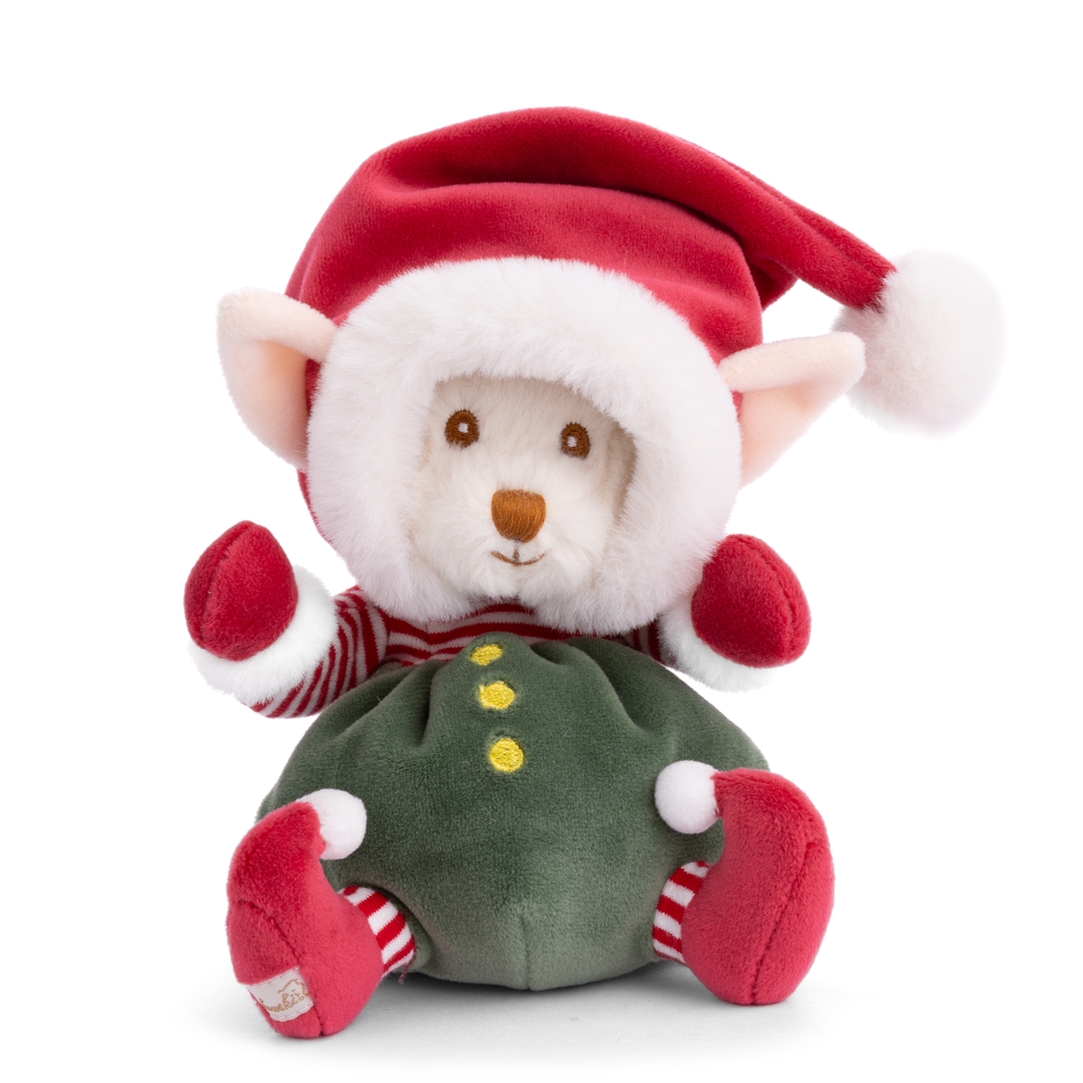 Plush toy resembling a snowman with a red Santa hat on a white background