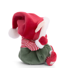 Plush toy resembling a gnome with a red hat and green outfit on a white background