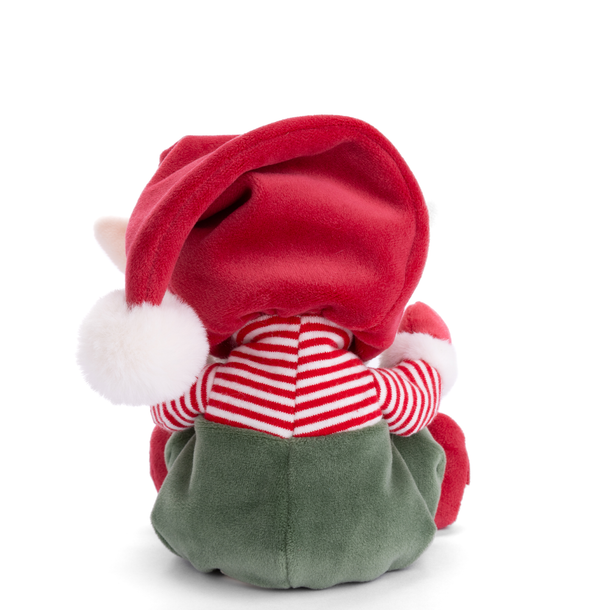 Plush toy with a red hat, striped shirt, and green pants on a white background