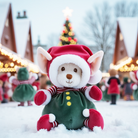 Toy mouse in a festive outfit standing in the snow with Christmas market stalls in the background.