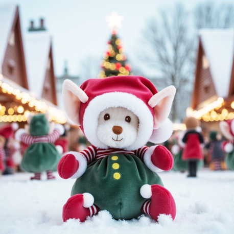Toy mouse in a festive outfit standing in the snow with Christmas market stalls in the background.