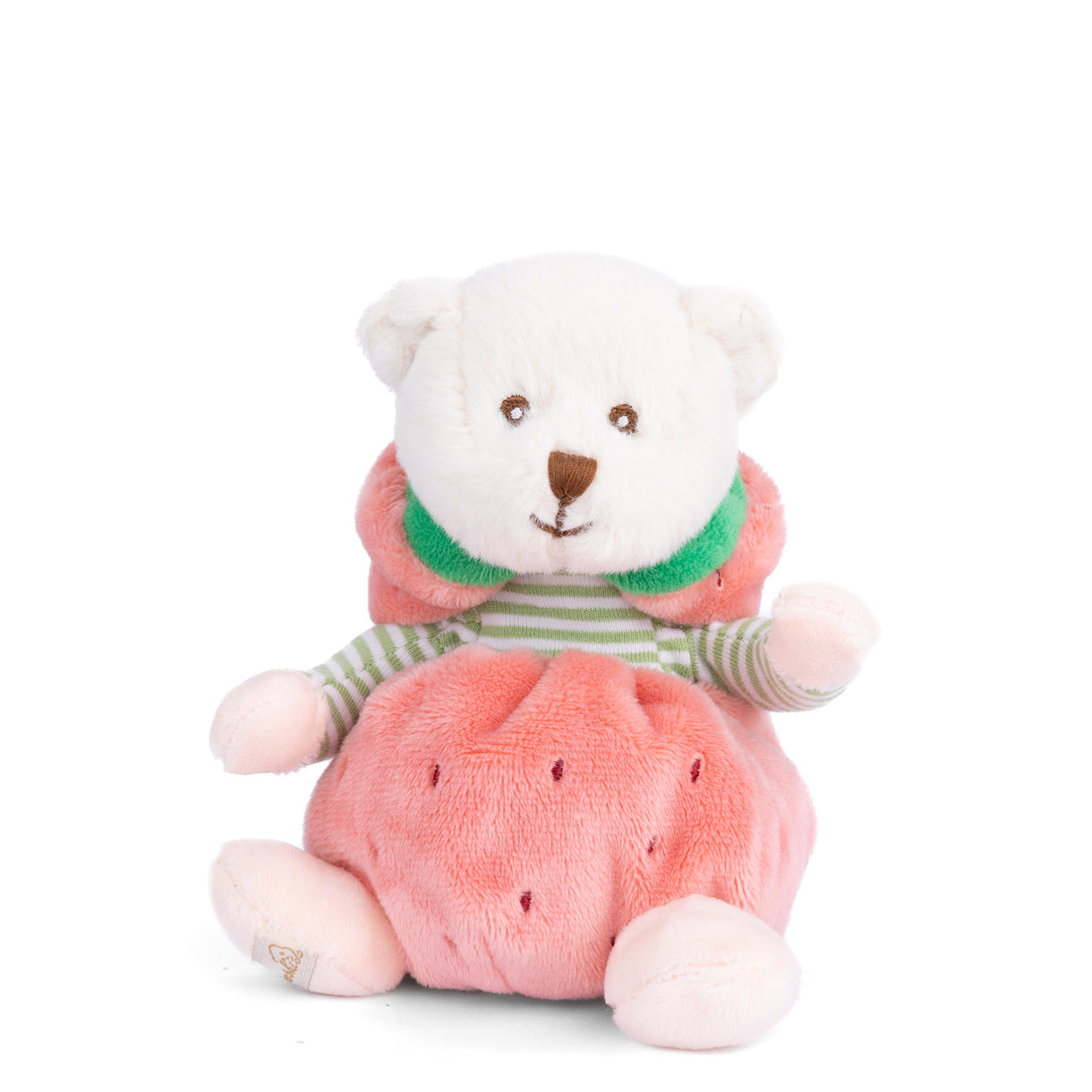 Plush toy bear wearing a watermelon costume on a white background