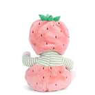 Plush toy shaped like a strawberry with a green stem on a white background