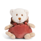 Plush teddy bear wearing a red sweater on a white background