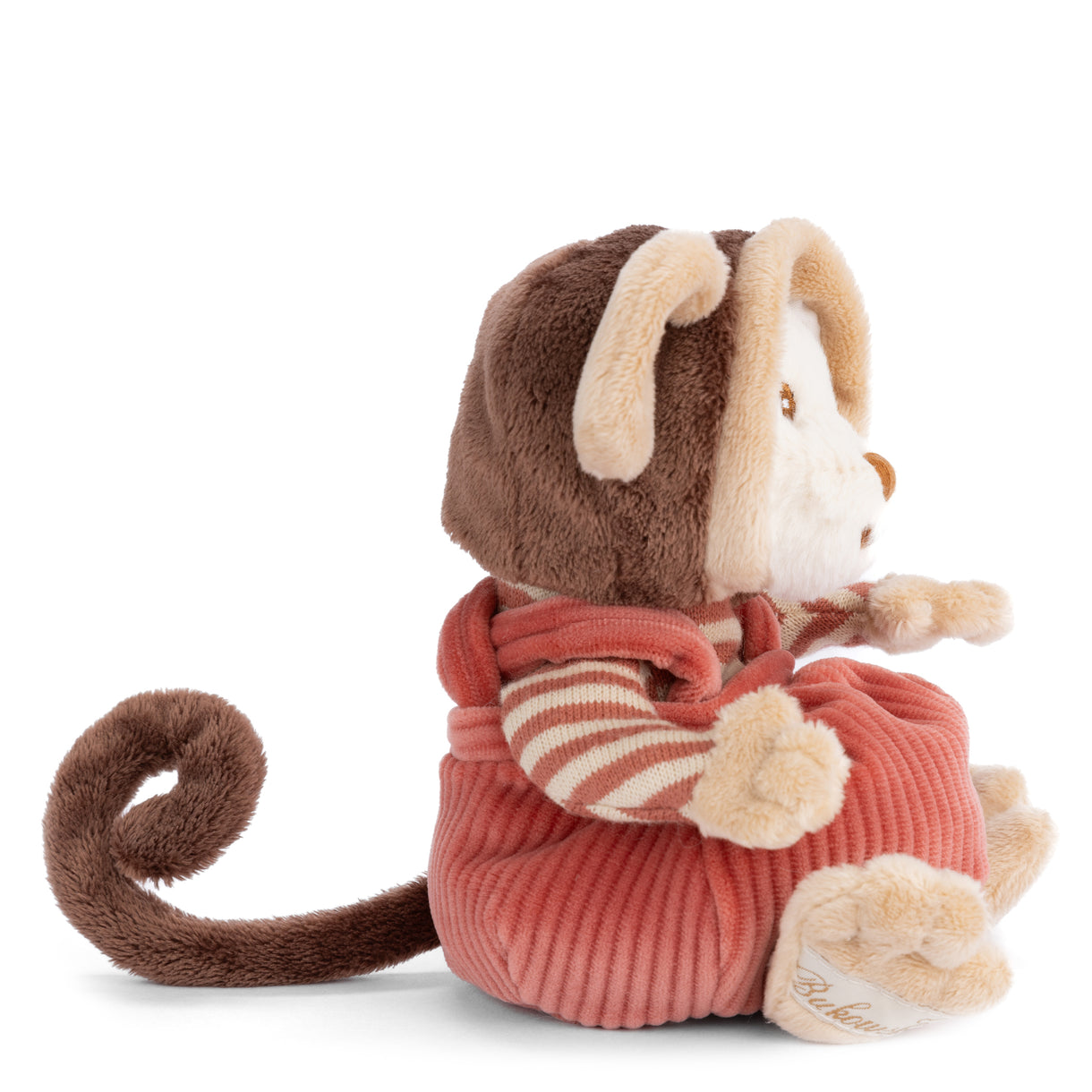 Stuffed animal toy with a red sweater on a white background