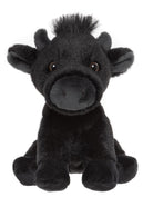 Black plush toy with a spiky mane on a white background
